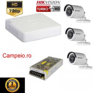 Kit camere+ sursa 10 A  Hikvision   3 camere rezolutie 720p si infrarosu la 20 m, vizualizare pe telefon, acces internet