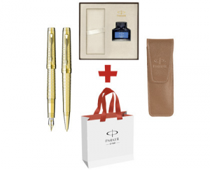 SET PARKER PREMIER STILOU+PIX DELUXE GOLD+CUTIE PT. CADOU Celebration-Ink Bottle+ETUI, Economic Light Brown+PUNGA PT. CADOU Cele