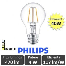 Bec LED Philips - Classic Filament LED 4W A60 E27 827 alb-cald