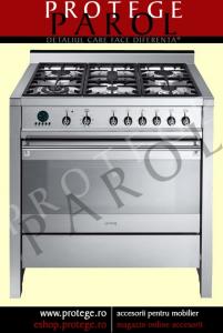 Aragaz 90cm, 6 arzatoare/cuptor electric, inox/ butoane argintii, Smeg, gama Opera, A1-6