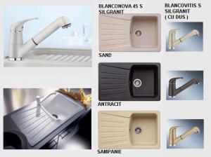 Chiuveta Blanconova 45 S reversibila+robinet Blancovitis S (cu dus)-set Silgranit PuraDur II ,culori-SAND, ANTRACIT, SAMPANIE-oferta