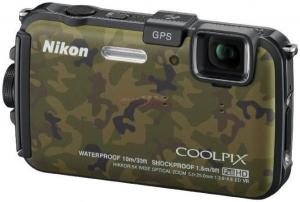 NIKON -  Aparat Foto Digital COOLPIX AW100 (Camouflage) Full HD, Rezistent la Apa, Soc si Inghet, GPS Incorporat + CADOURI
