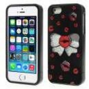 Huse - iphone Husa Bowknot Si Buze 3 In 1 Dura Cu Diamante Nisipoase iPhone 5s Si Folie Protectie Ecran