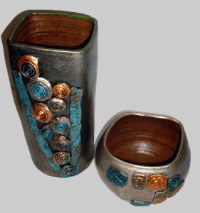Set de vase din ceramica, unicat, pictate manual, cu aplicatii, gri  metalic. - SC FOR ART SRL