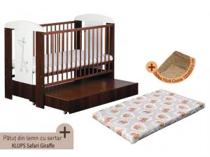 Patut cu sertar KLUPS Safari Giraffe Venghe + Saltea Fibra MyKids